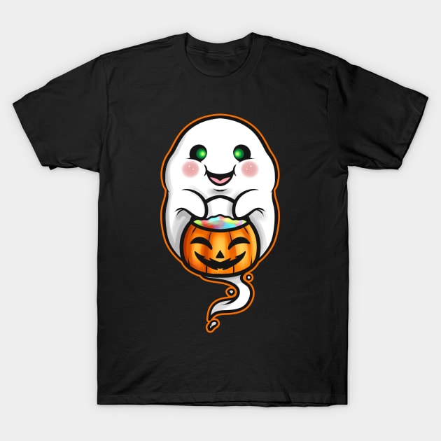 Kawaii Ghost Holding Pumpkin Trick Or Treat Bag Halloween T-Shirt by SinBle